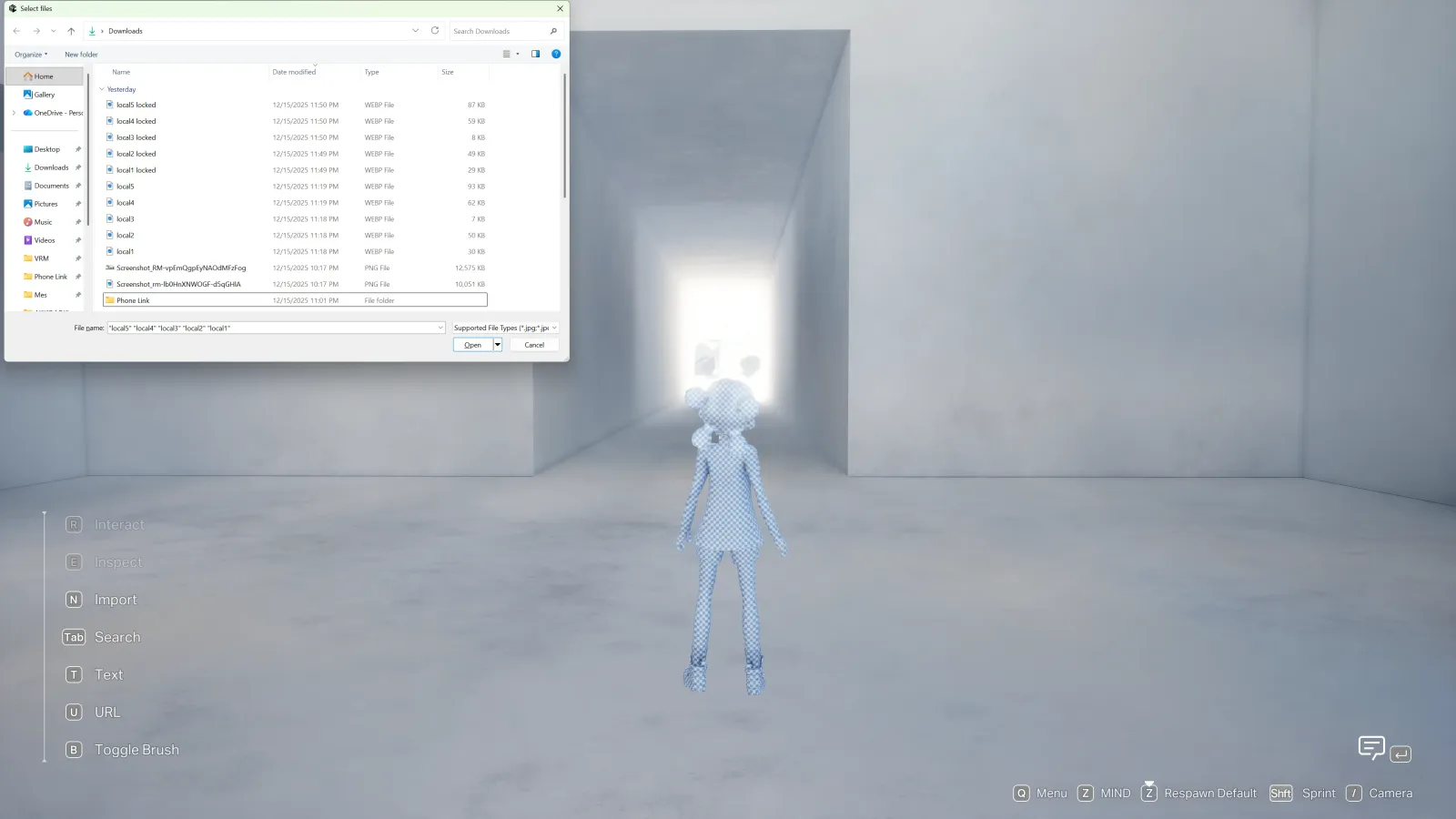 File selection dialog opened in a world