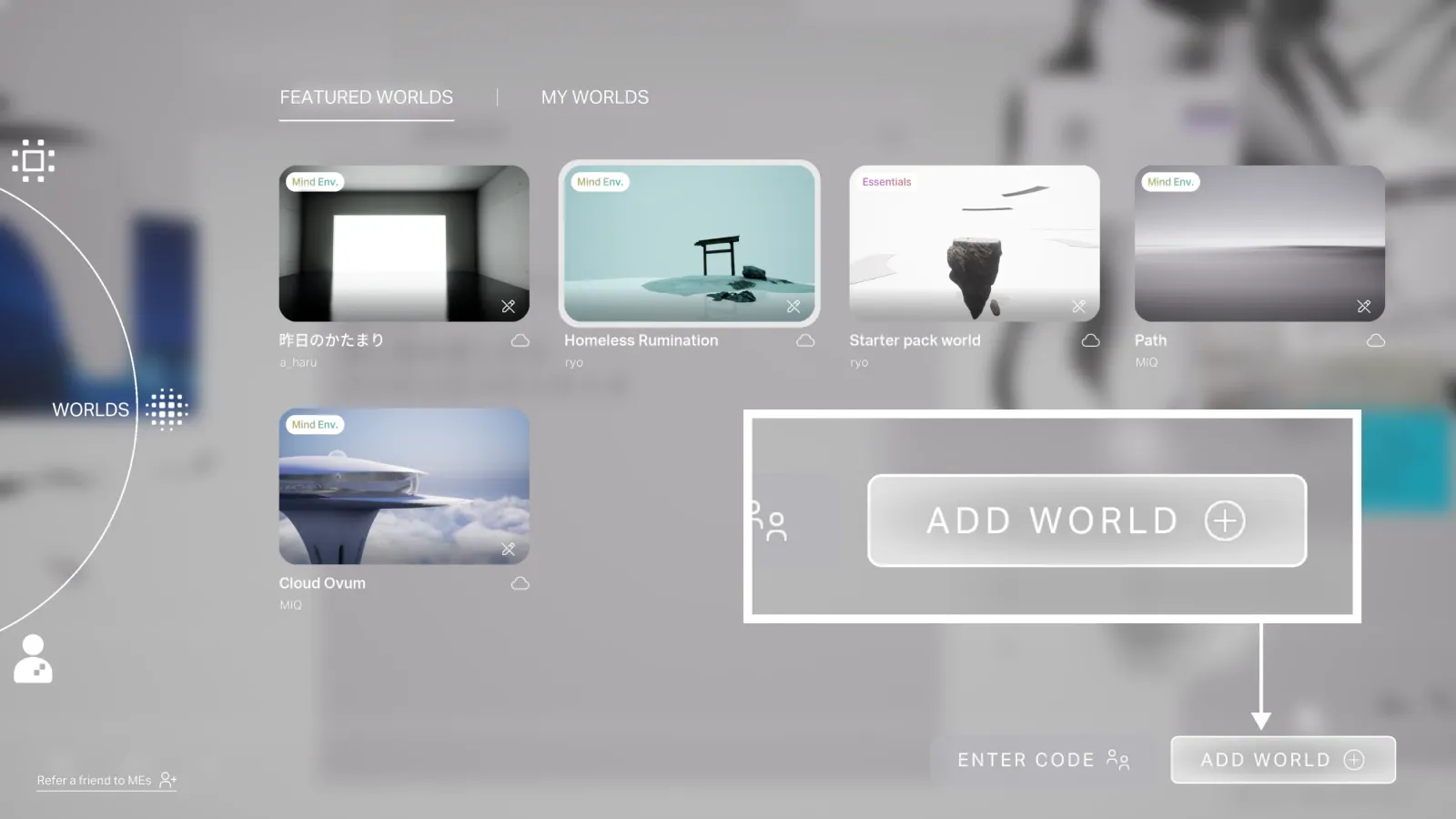 World list page, Add World button