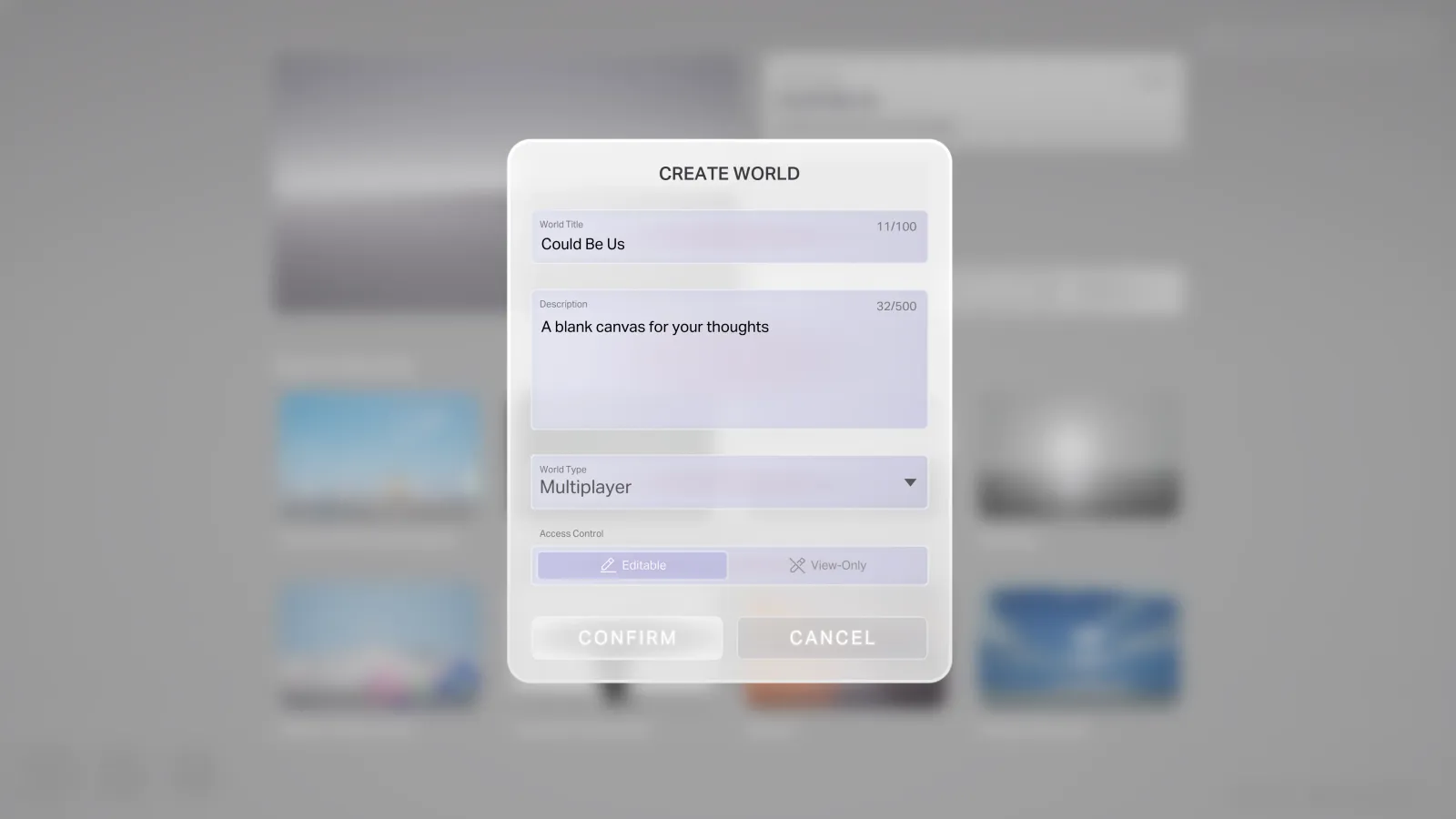 World settings — name, caption, type, permissions