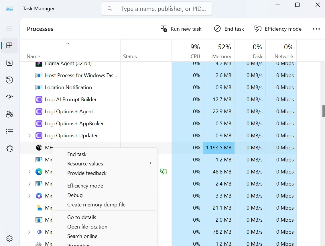 Windows Task Manager — right-click MEs, End task