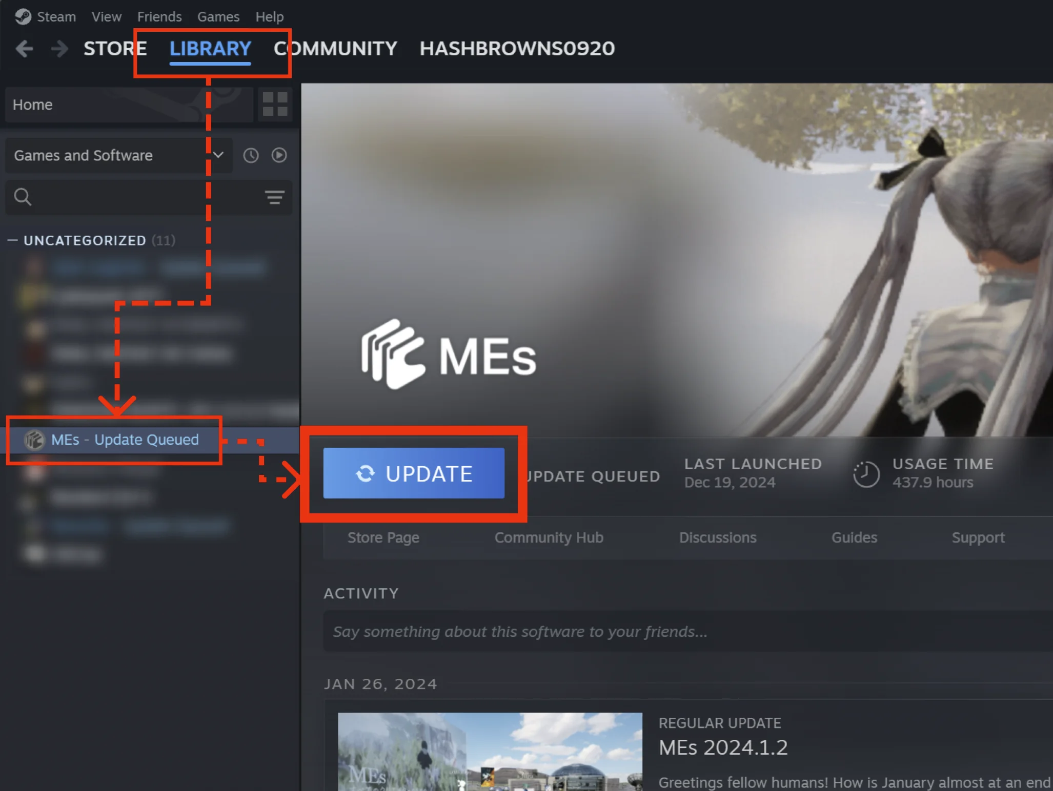 Steam Library showing the MEs Update button